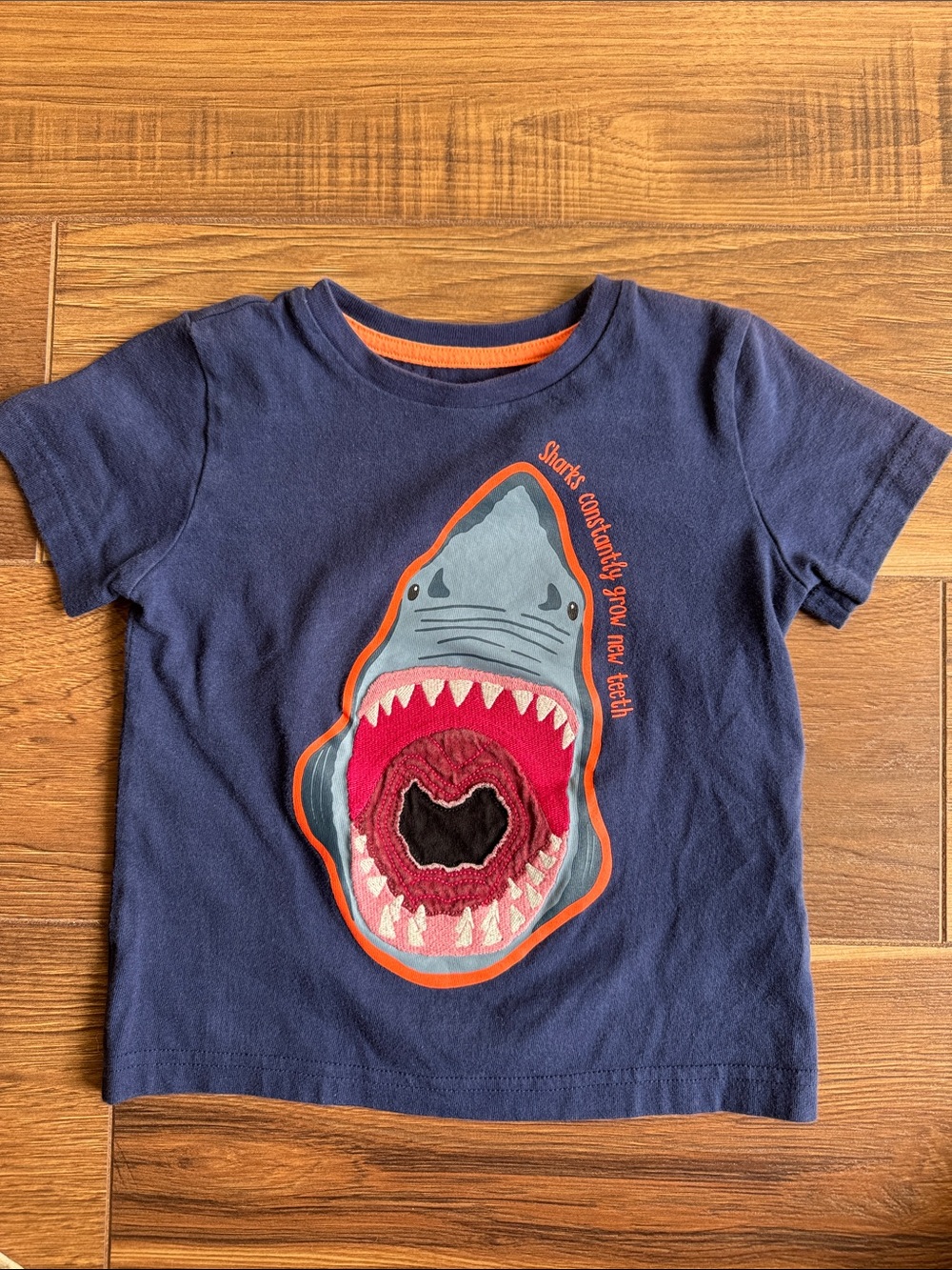 Mini Boden Navy Shark Appliqué Tee with Orange Trim